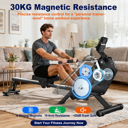 Bominfit MC-R200 magnetisk romaskine - ultrastille svinghjul, 16 modstandsniveauer, ergonomisk sæde, 160 kg kapacitet & app-tilslutning, pladsbesparende til hjemmet