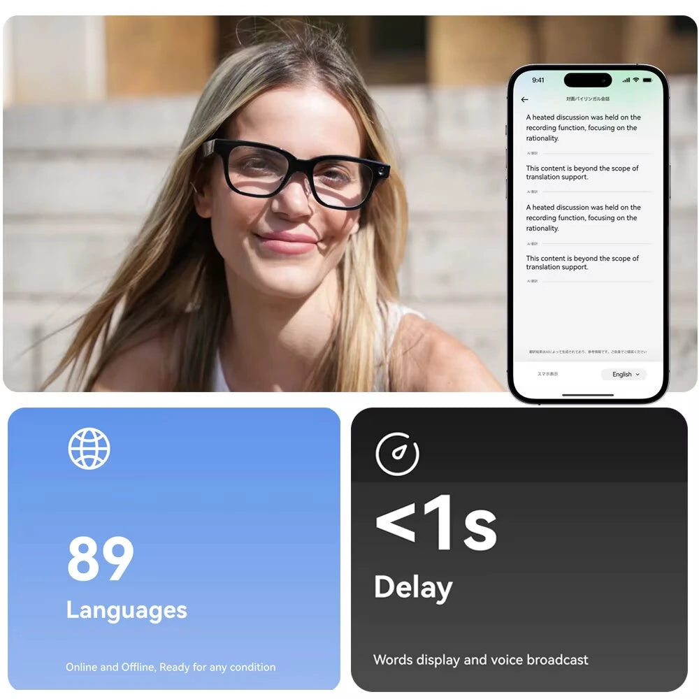Smartbriller med visuel skærm,realtidsoversættelse,navigationsinformation, temmebetjening