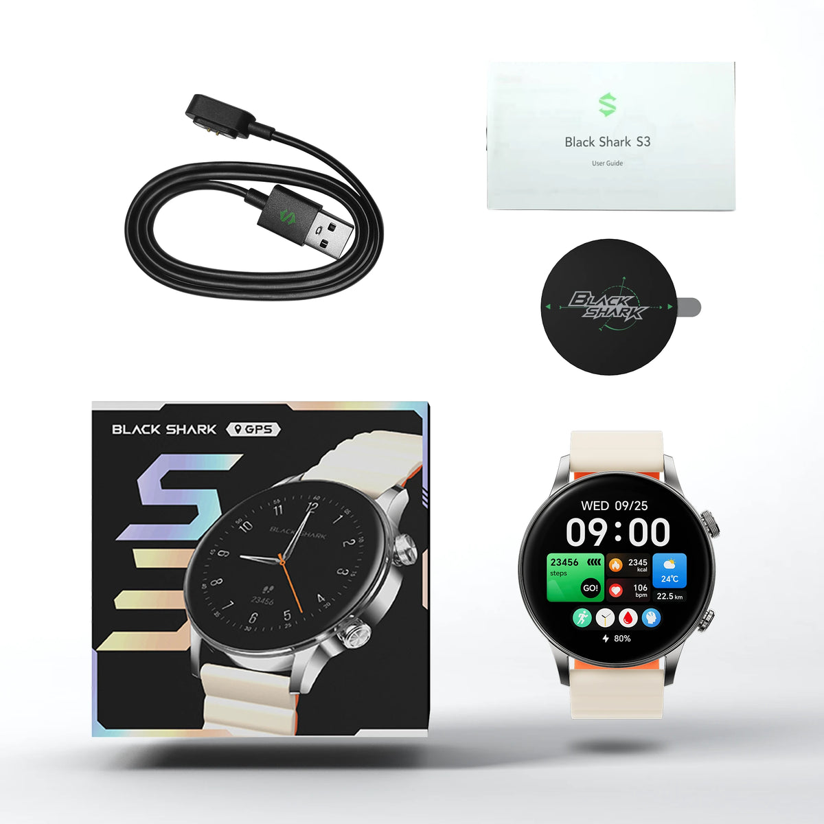 [EU Direct] Sort Haj S3 1,43-tommer AMOLED-skærm GNSS-positionering Stemmeassistent 50 m Vandtæt Bluetooth-samtale Hjertefrekvens Måling af ilt i blodet Søvnmonitorering Flersports-modi Smartwatch med lommelygte