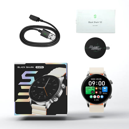 [EU Direct] Sort Haj S3 1,43-tommer AMOLED-skærm GNSS-positionering Stemmeassistent 50 m Vandtæt Bluetooth-samtale Hjertefrekvens Måling af ilt i blodet Søvnmonitorering Flersports-modi Smartwatch med lommelygte