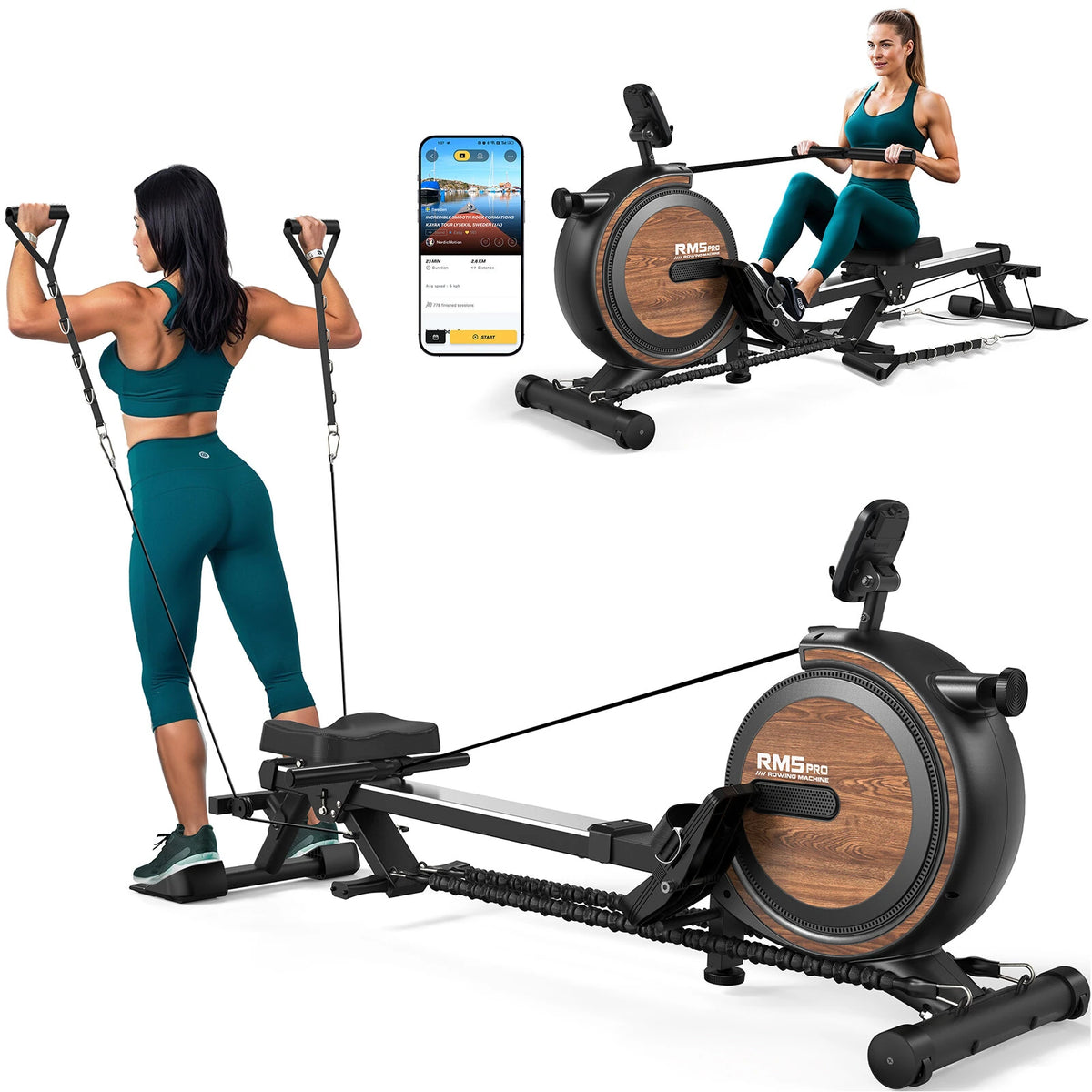 [EU Direkte] Bominfit RM5 Pro 2 i 1 Magnetisk Roning Maskine med Styrketræningskabler, 6KG Ultra-Stille Svinghjul, 160KG Maks Belastning, Indendørs Roning Maskine med APP til Hjemmegym