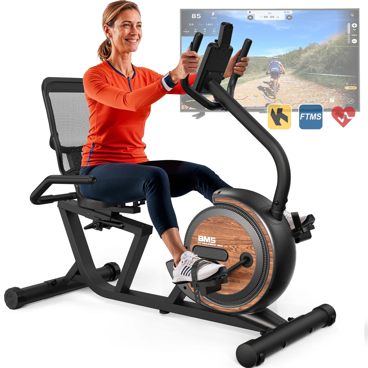 Bominfit BM5 Magnetisk Liggecykel - Ultrastille 4 kg svinghjul, perfekt gave til ældre & genoptræning, 16 niveauer, 150 kg kapacitet, app-forbindelse, pulsmåler
