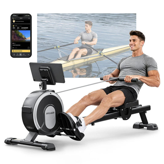 Akluer RM001 magnetisk romaskine med 16 niveauer modstand <20dB Ultra-Quiet Dual Rail Rower, 150kg Load Capacity, Vertical Foldable Design, Kinomap App Support & Tablet Holder for Home Gym