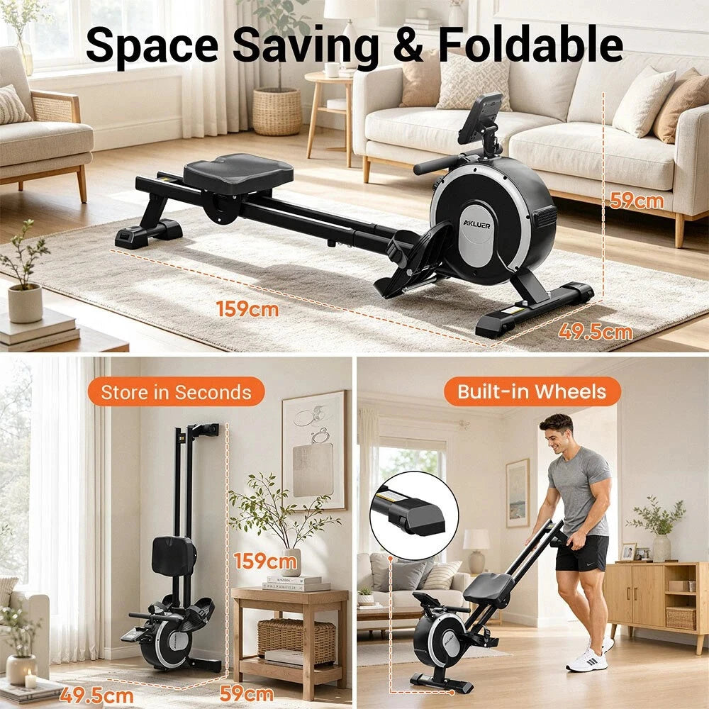 [EU Direct] Akluer RM001 magnetisk romaskine med 16 niveauer modstand <20dB Ultra-Quiet Dual Rail Rower, 150kg Load Capacity, Vertical Foldable Design, Kinomap App Support & Tablet Holder for Home Gym