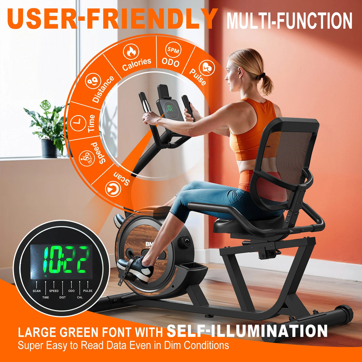 Bominfit BM5 Magnetisk Liggecykel - Ultrastille 4 kg svinghjul, perfekt gave til ældre & genoptræning, 16 niveauer, 150 kg kapacitet, app-forbindelse, pulsmåler