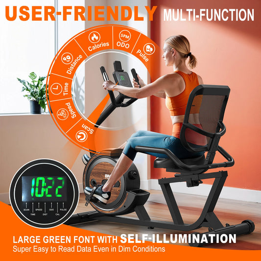 Bominfit BM5 Magnetisk Liggecykel - Ultrastille 4 kg svinghjul, perfekt gave til ældre & genoptræning, 16 niveauer, 150 kg kapacitet, app-forbindelse, pulsmåler