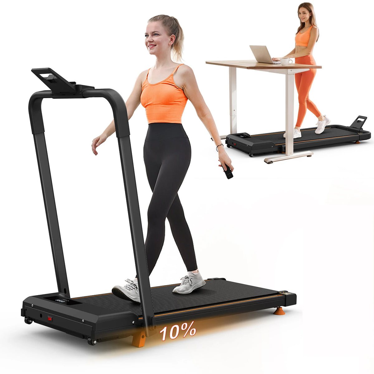 Bominfit Q29-1B 2 i 1 sammenklappelig løbebånd, 12 km/t topfart, 10% hældning, 120 kg last multi-farvet og bærbar til hjemmekontor