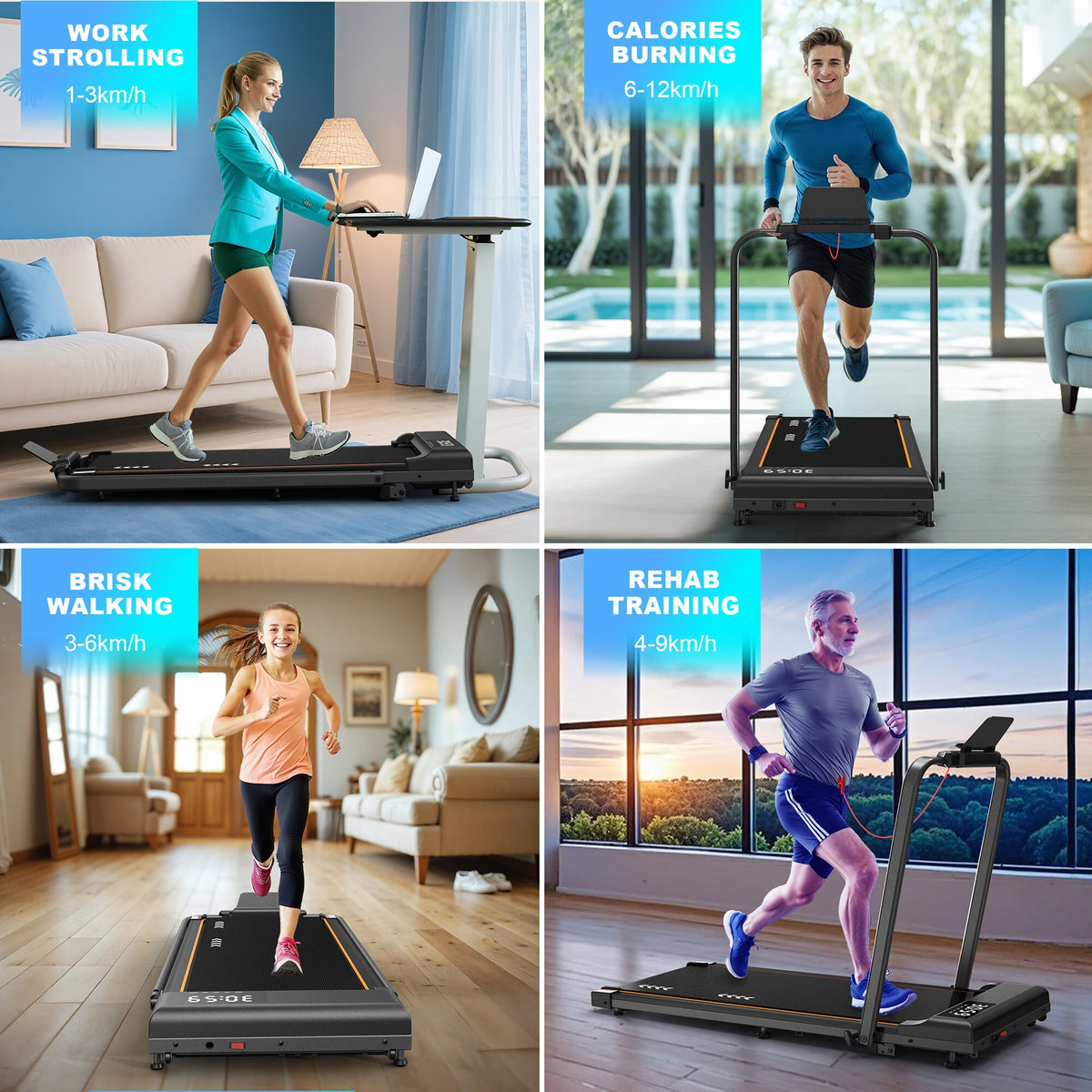 Bominfit TW2 Professionelt Stødabsorberende Løbebånd med 7% Stigning - Topfart 12 km/t, 120 kg Belastning, 7-lags Knæbeskyttelse, Foldbart til Hjem og Kontor
