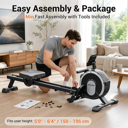 Akluer RM001 magnetisk romaskine med 16 modstandsniveauer, <20dB ultra-støjsvag romaskine med dobbelt skinne, 150 kg bæreevne, vertikalt foldbart design, understøttelse af Kinomap-app og tabletholder til hjemmetræning