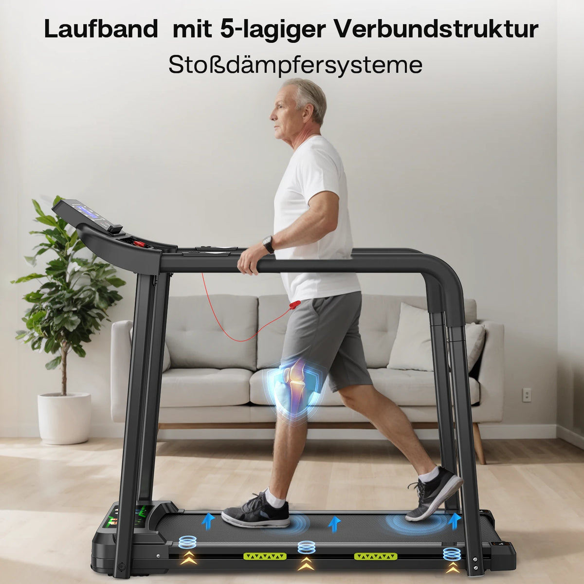 Bominfit Q23L Gangbånd til genoptræning af ældre med forbedret håndtag - Topfart 12 km/t, 2,5 HK støjsvag motor, LED-skærm med pulsmåling, sikkerhed til seniorgenoptræning og fitness