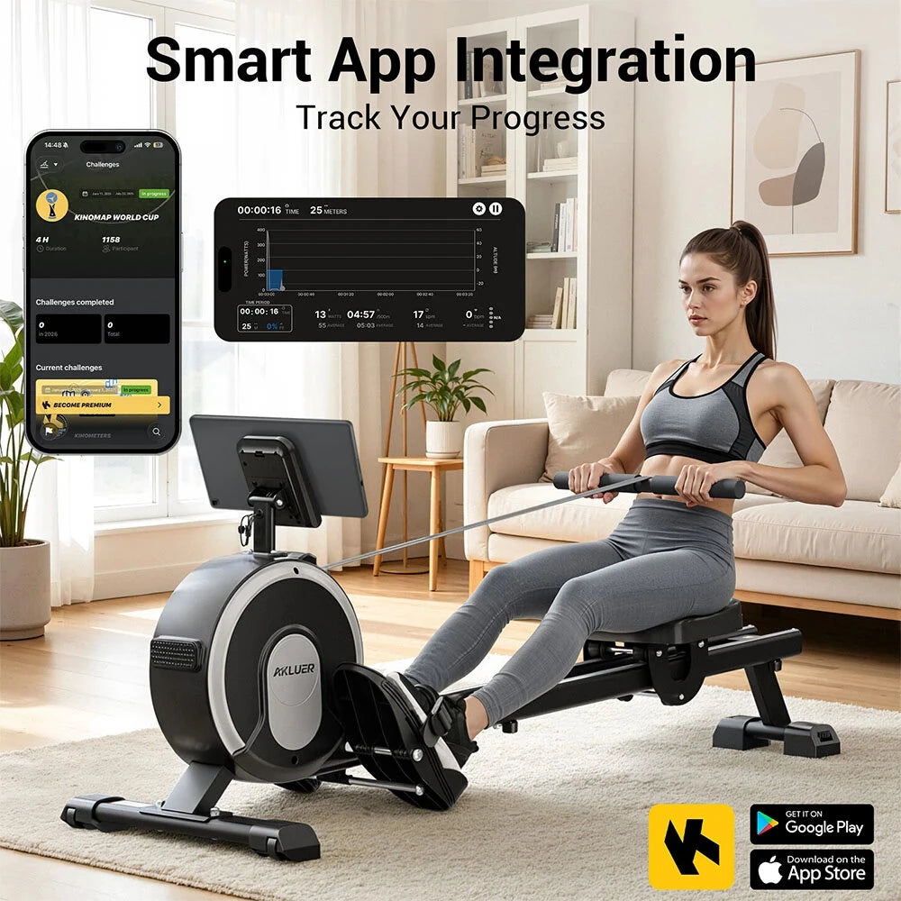 Akluer RM001 magnetisk romaskine med 16 modstandsniveauer, <20dB ultra-støjsvag romaskine med dobbelt skinne, 150 kg bæreevne, vertikalt foldbart design, understøttelse af Kinomap-app og tabletholder til hjemmetræning
