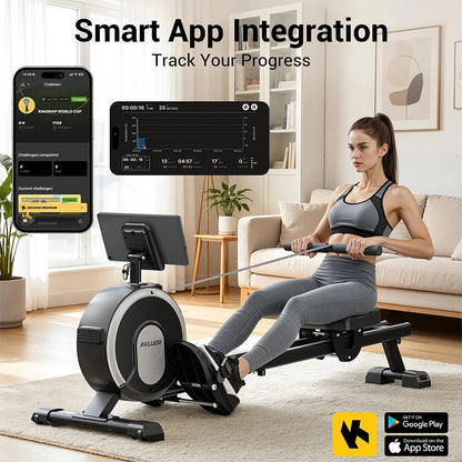 Akluer RM001 magnetisk romaskine med 16 modstandsniveauer, <20dB ultra-støjsvag romaskine med dobbelt skinne, 150 kg bæreevne, vertikalt foldbart design, understøttelse af Kinomap-app og tabletholder til hjemmetræning