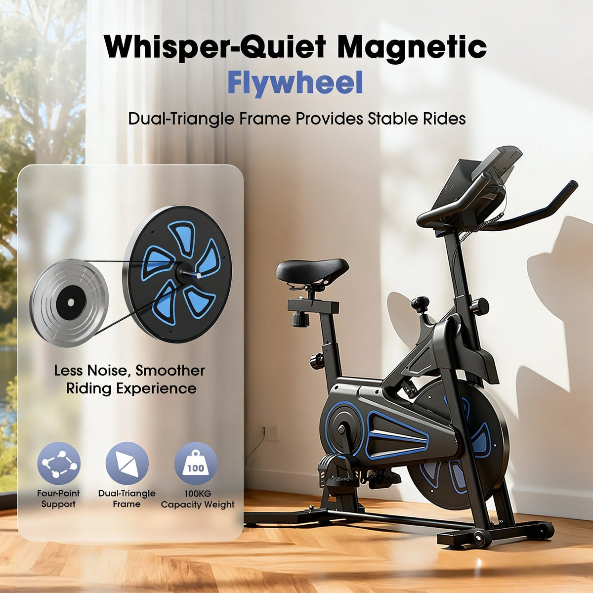 Formill QK116C Indendørs Magnetisk Motionscykel - Hviskende Stille 6KG Svinghjul, Modstandsniveauer, 100KG Kapacitet, LCD Skærm, Justerbart Styr & Sæde