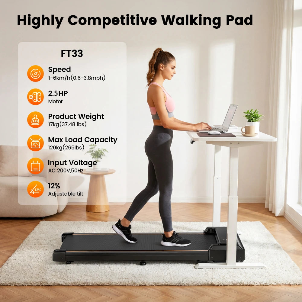 Formill FT33 Gåmåtte Under Bordet Løbebånd, 1-6 km/h Pladsbesparende Elektrisk Løbebånd med 12% Hældning, Vibrationsmassage Hjemmegym Fitnessudstyr, 120 kg Belastning