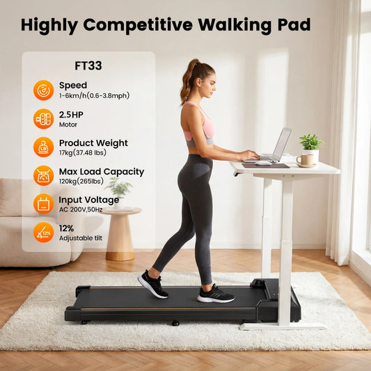 Formill FT33 Gåmåtte Under Bordet Løbebånd, 1-6 km/h Pladsbesparende Elektrisk Løbebånd med 12% Hældning, Vibrationsmassage Hjemmegym Fitnessudstyr, 120 kg Belastning
