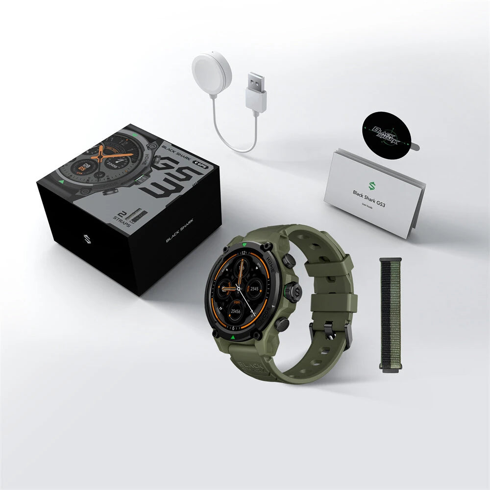 [EU Direct] Sort Haj GS3 1,43-tommers AMOLED-skærm GPS 50M vandtæt 21 dages batterilevetid Bluetooth opkald hjertefrekvens blodoxygen monitor søvnovervågning multisports modes Smartur indbygget lommelygte Shark GPT